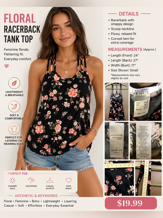 Lascana For Venus Tops - Floral Double-Strap Cami Top - Black with Pink Flowers